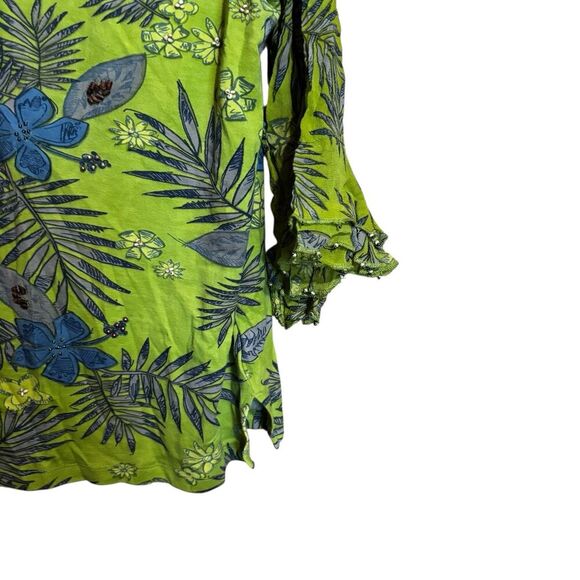 Multiples Top Women XL Green Multicolor Boho Artsy Floral Bell Sleeves Blouse - Picture 5 of 8
